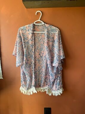 Vici Pink and Blue Floral Fringe Kimono
